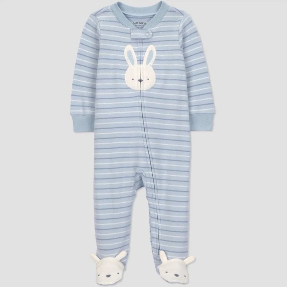 Carter's‎ Just One You Baby Blue Striped Bunny Footed Sleeper Pajamas NWT 9M